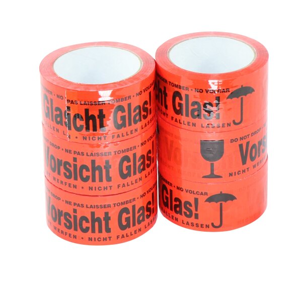 6 x Packband 50mm x 66m Vorsicht Glas